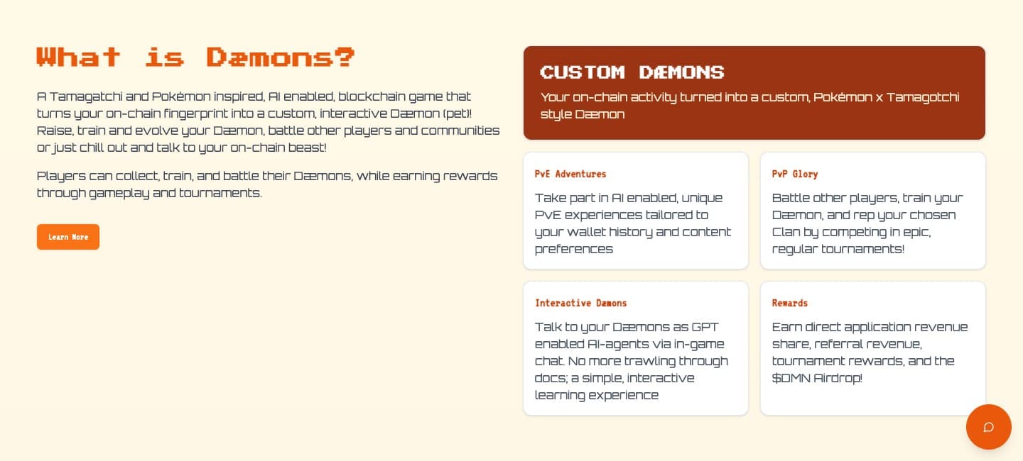 Блок What is Dæmons? — концепт игры: ончейн-след превращается в питомца