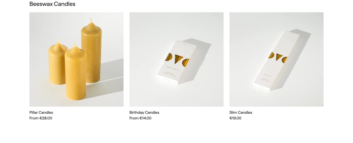 Блок «Beeswax Candles»: карусель свечей с ценами